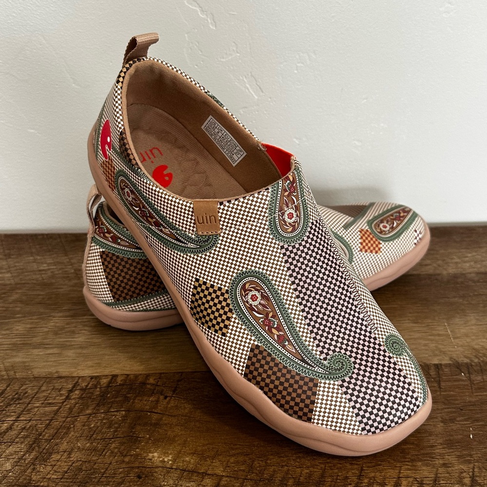 UIN Women's Paisley Toledo Checkered Flats - Brown and Green Sz10.5